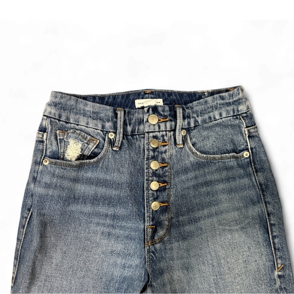 Good American High Rise Raw Hem Straight Jeans Button Fly Blue - Size: 25 - Picture 4 of 5